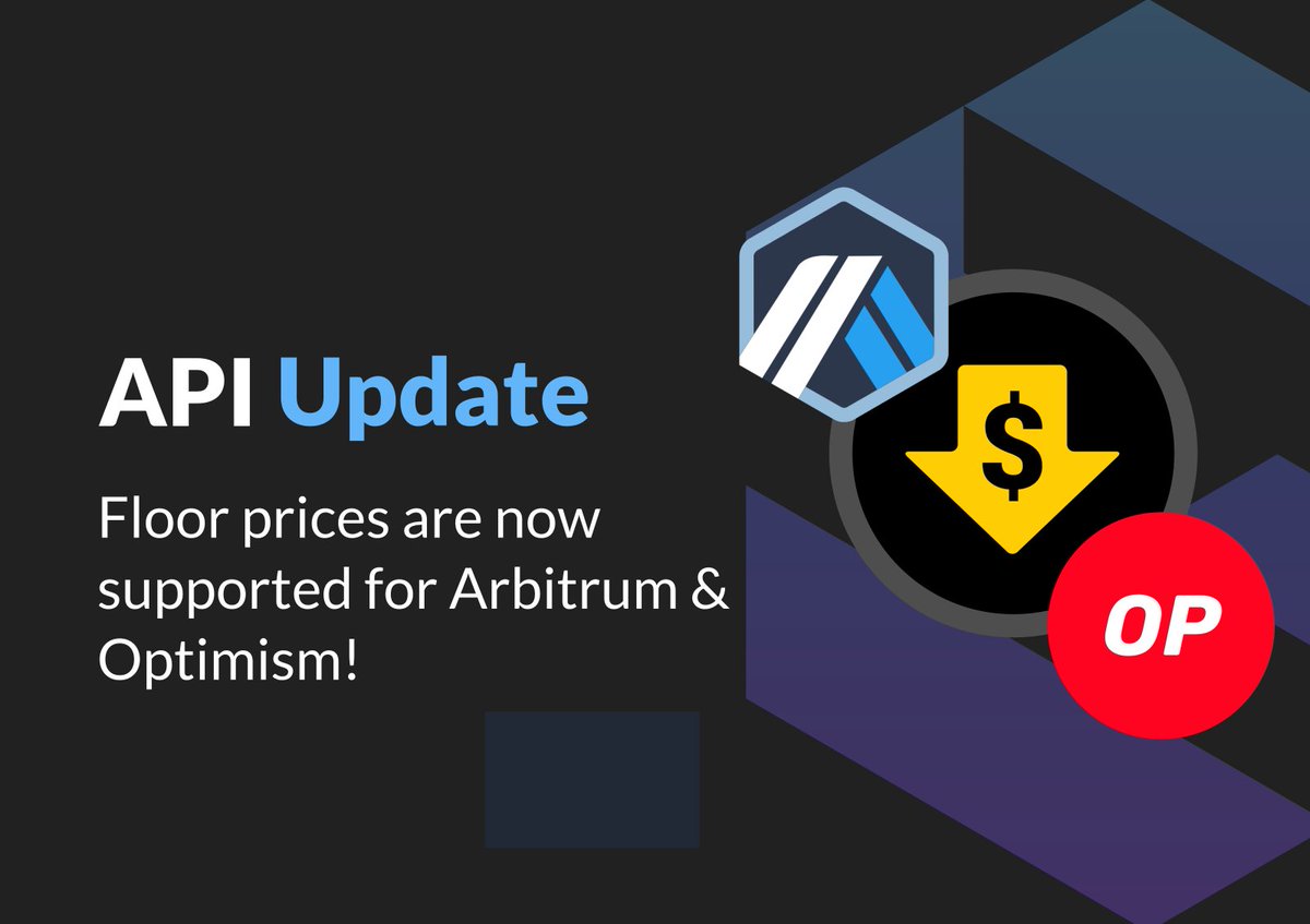 SimpleHashInc's tweet image. 🚨 FLOOR PRICES UPDATE 🚨

Our API now supports floor prices for @arbitrum &amp;amp; @optimismFND ✨

With ETH, SOL &amp;amp; Polygon floor prices already supported, that expands our FP coverage to five chains!

What's next for pricing info?👇
