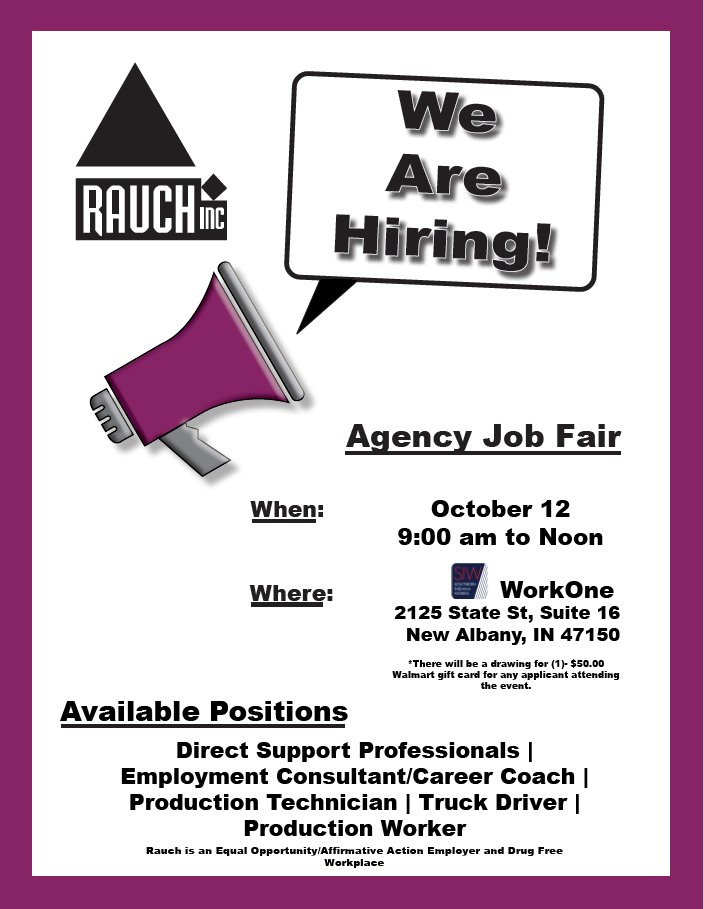 rauchinc's tweet photo. Rauch will be holding an agency job fair on Wednesday, October 12, 9am-12pm, at WorkOne in New Albany.

If you are looking to make a meaningful difference in people's lives, we hope to meet you Wednesday. Learn more about Rauch at https://t.co/zGUP15RhEe https://t.co/KEke9imWiJ