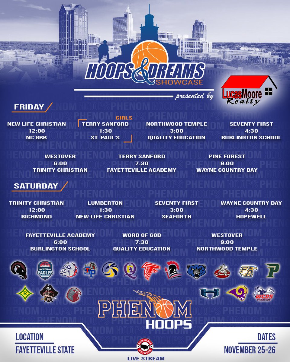 Another week, another schedule release from #PhenomHoops! 

Hoops &amp; Dreams Showcase Presented by LucasMoore Realty
Nov 25-26, 2022
Fayetteville State University (NC)

- Check out the loaded schedule as we head out east!

Full Release: phenomhoopreport.com/schedule-relea…
