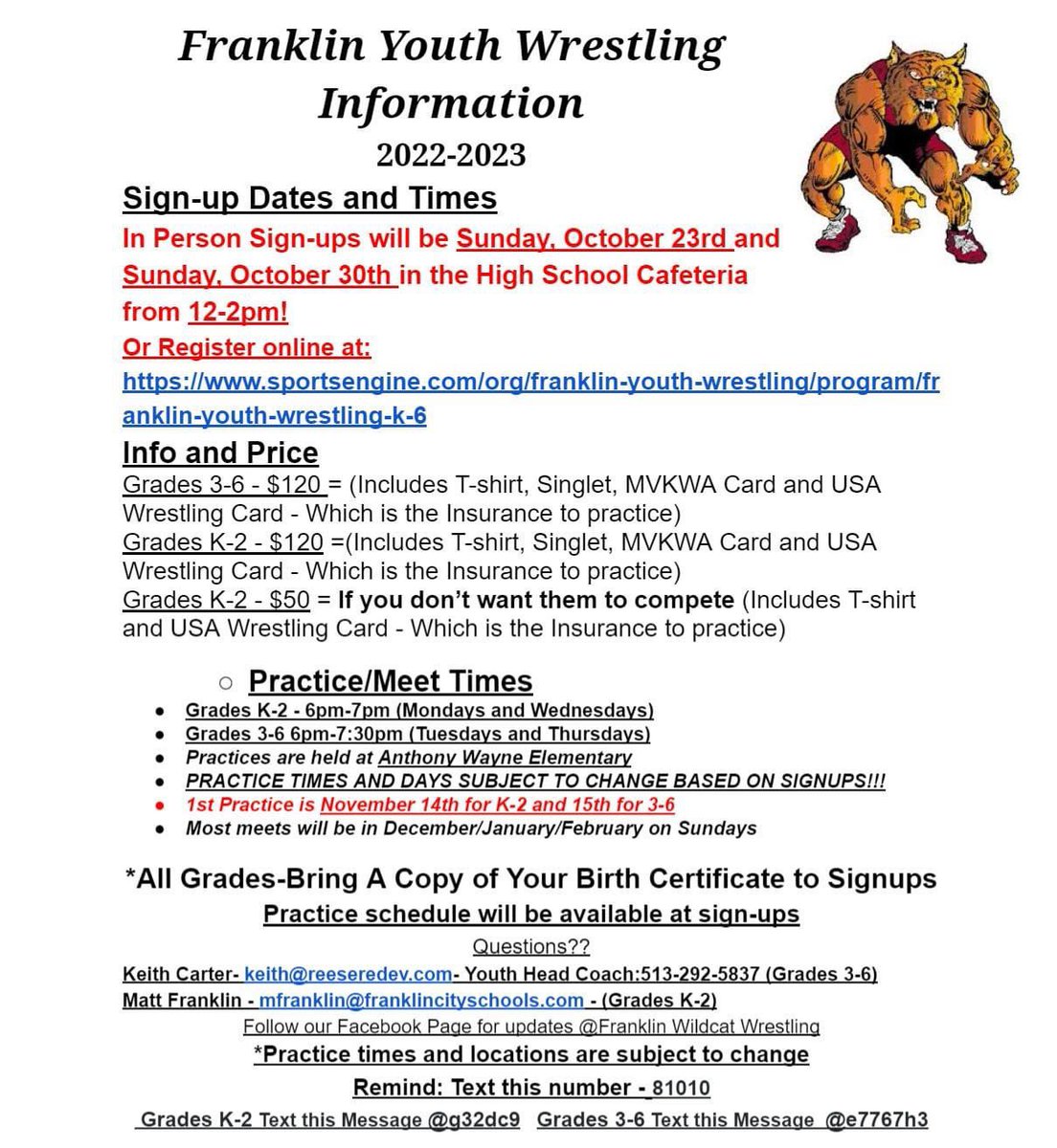 Franklin Youth Wrestling Sign-up information! We will do 2 dates of inperson sign-ups. There is also online registration as well. Last year we had 60 kids sign-up K-6! 

Online Registration sportsengine.com/org/franklin-y…