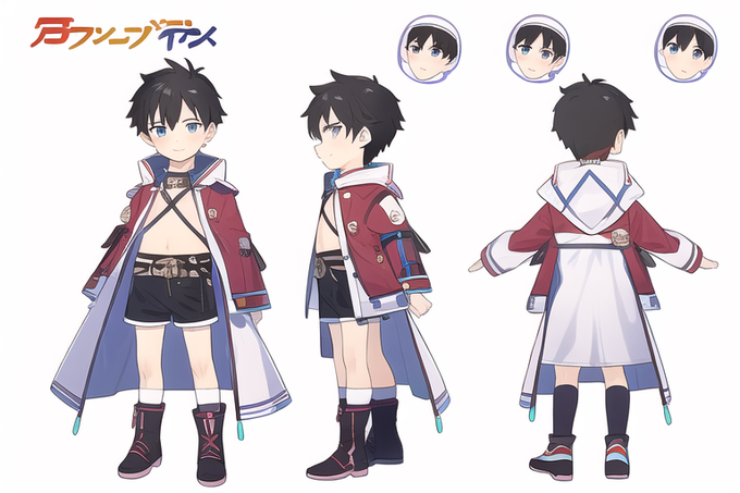 #novelAI 
自分が描いた三面図を読み込んで、
プロンプトにboyを打って出力してみたら、
どこのみのしょたが大量出力されたので
最高・・!キャラデザに使えそう。 