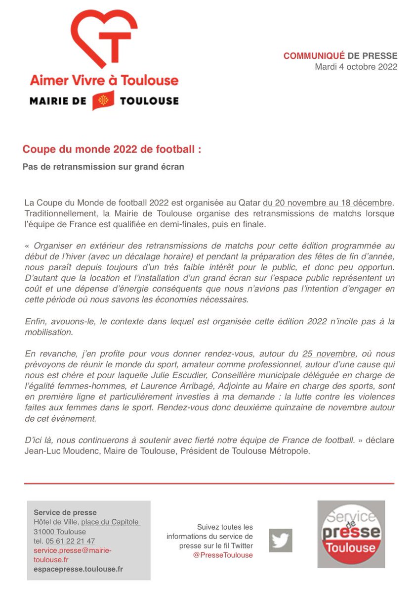 Coupe du Monde au Qatar : Toulouse ne diffusera pas sur écran géant la coupe du monde de football.
Priorité à la sobriété énergétique ! 

Retrouvez le communiqué de presse ici ⤵️