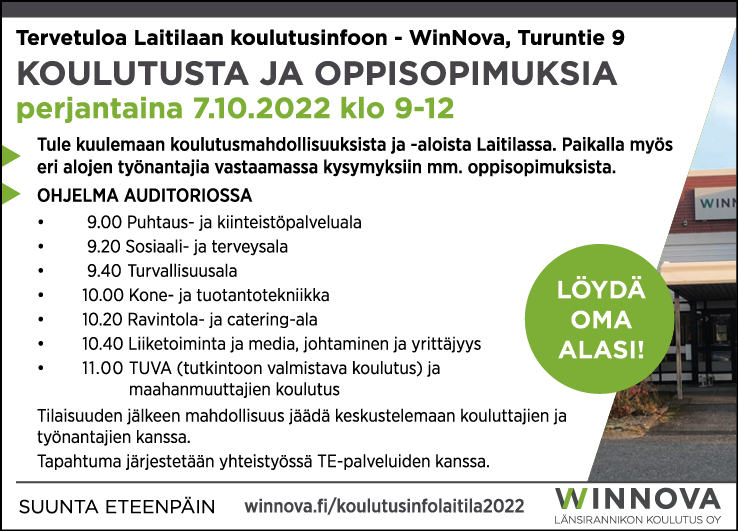 WinNovaOnline's tweet photo. Koulutusta ja oppisopimusta tarjolla 💚 TE-palvelut ja WinNova järjestävät yhteistyössä Laitilassa pe 7.10.2022 klo 9-12 koulutusinfon.
Lisätietoa nettisivuillamme ▶️ https://t.co/fop0wGKyM8
#WinNova #SuuntaEteenpäin 
#ammatillinenkoulutus #VäylätAuki https://t.co/B0vyWRN3NA