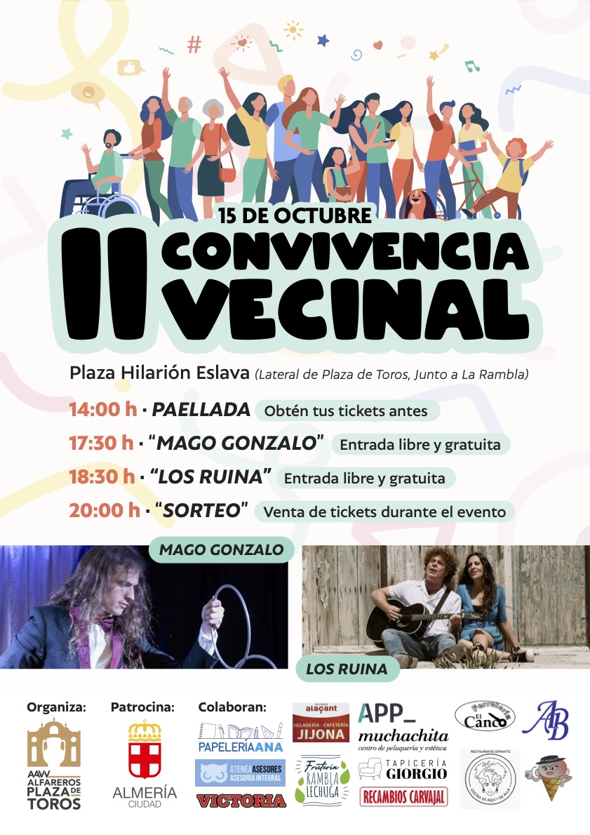 Hola vecin@s! 

Por segundo año hemos organizado un día de convivencia para el barrio, en esta ocasión disfrutaremos de una paella.

Amenizará la convivencia #MagoGonzalo y repite como el año pasado <a href="/LosRuina/">Los Ruina</a>
Pero esta vez con banda.

 ¡Os esperamos a todos y todas!