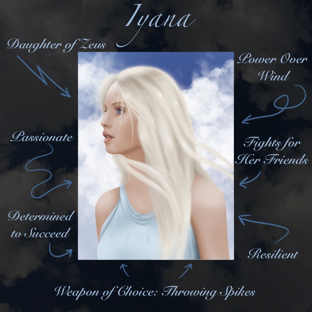 Iyana is our second MC and POV character for The Immortal Game. Iyana was created by <a href="/TaliaRothschild/">Talia Rothschild</a>. She finds her true power toward the end and uses it to help save Olympus when all seems lost. The boys are coming next!
#fiercereads #swoonreads #CharacterArt #WritingCommunity