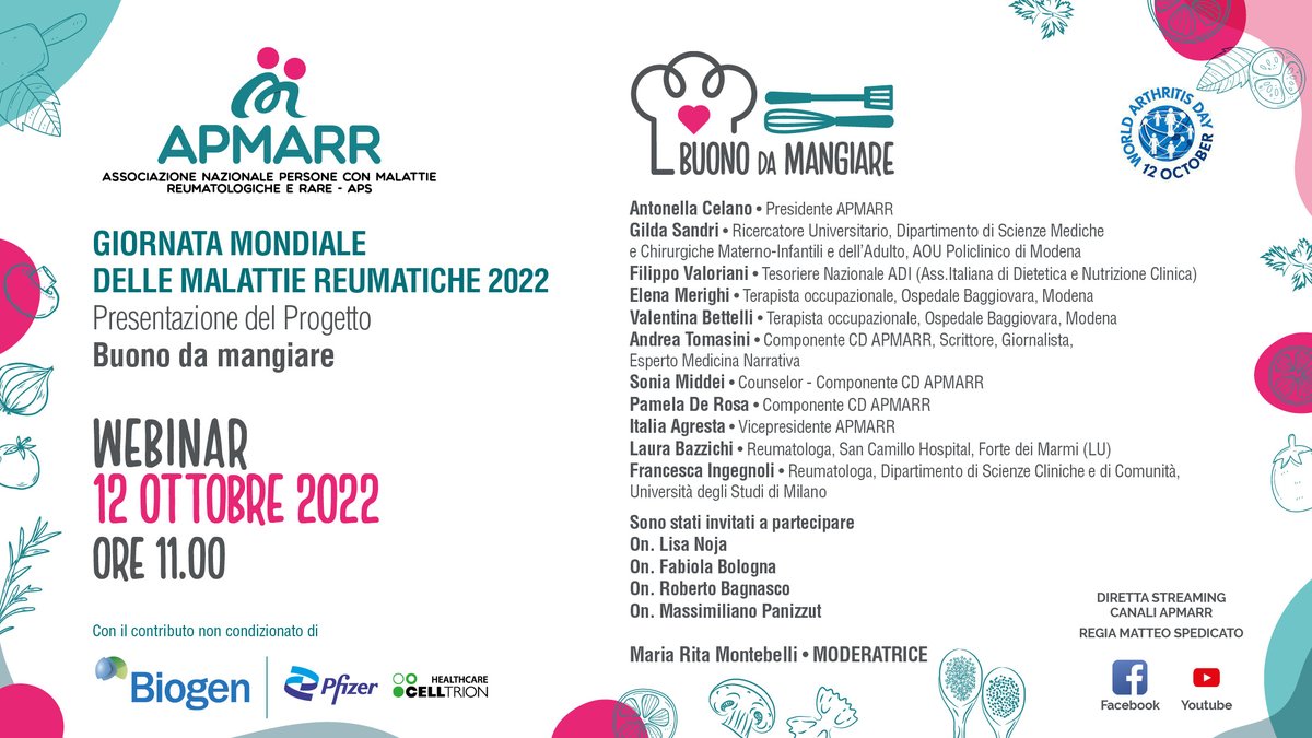 📆 Mercoledì 12 ottobre 2022 dalle ore 11.00 alle 12.30 APMARR organizza un webinar in diretta Facebook e Youtube per presentare il progetto 'Buono da mangiare', dedicato a persone con #malattiereumatologiche , #alimentazione e stili di vita👉 bit.ly/3rrcjZk