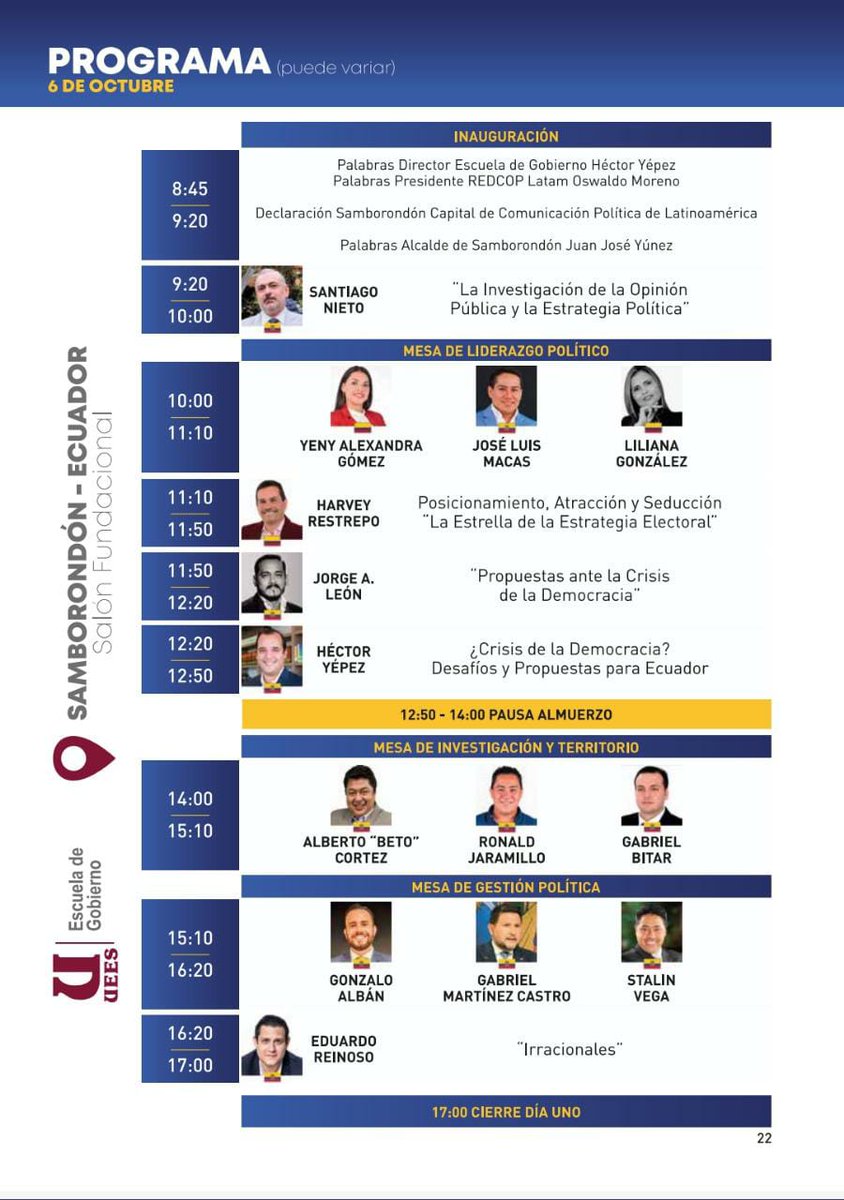 redcoplatam's tweet photo. Programa del Quinto Congreso Mundial de Marketing y Comunicación Política. Jueves 6 y 7 de octubre. Salón Fundacional @uees_ec https://t.co/ULDZd6ksFF #compol https://t.co/B5HY45NRhA