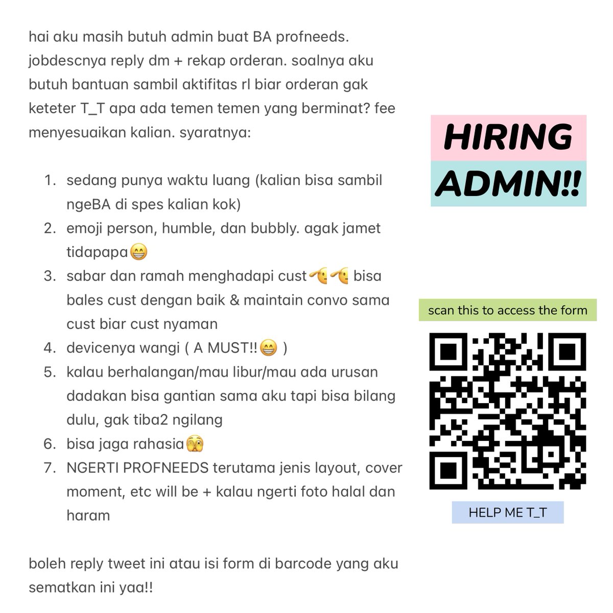 boleh help RTnya sobs?

maaf aku izin drop diluar community juga yaa:( belum klop kemarin pas terakhir nyari T_T

buat yang berminat jadi admin boleh yuk bantuin aku:( bisa scan form di gambar atau klik inii yaa!

docs.google.com/forms/d/e/1FAI…