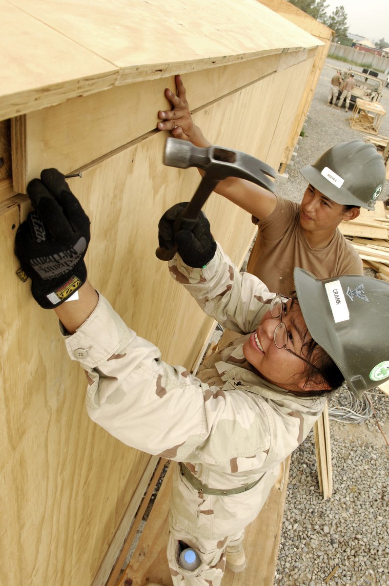SeabeeMuseum's tweet photo. Builder 3rd Class Merlyna Crank and Builder Constructionman Irene L. Reeves, assigned to NMCB-3 Det. 4, place trimming on birthing spaces being built for Afghan military personnel at Fire Base Salerno.
#nmcb3 #seabees #cando #usnavy #afghanistan https://t.co/cka3LlwR41