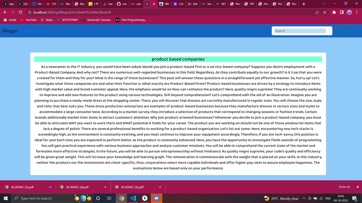 Day -62
created a blogs web app added many functionalities ,used mongo DB as database ,used express, cors and some other library for backend ,in front end design is very simple because my main focus in on backend
#100daysofcodechallenge 
@_100DaysOfCode @100xcode
#ReactJS #Nodejs