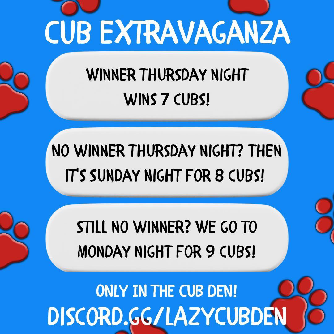 Hey <a href="/LazyLionsNFT/">Lazy Lions 👑</a> Pride! Happy #LazyCubTuesday!! 🦁 

📣 Let’s #ROAR this tweet far and wide!

🎁🦁 🦁 🦁 🦁 🦁 🦁 🦁🎁 
7 Cubs up for grabs this Thursday Night! Get your predictions in the <a href="/LazyCubDen/">🄻🄰🅉🅈🄲🅄🄱🄳🄴🄽</a> Discord 👇🏼 

discord.gg/lazycubden