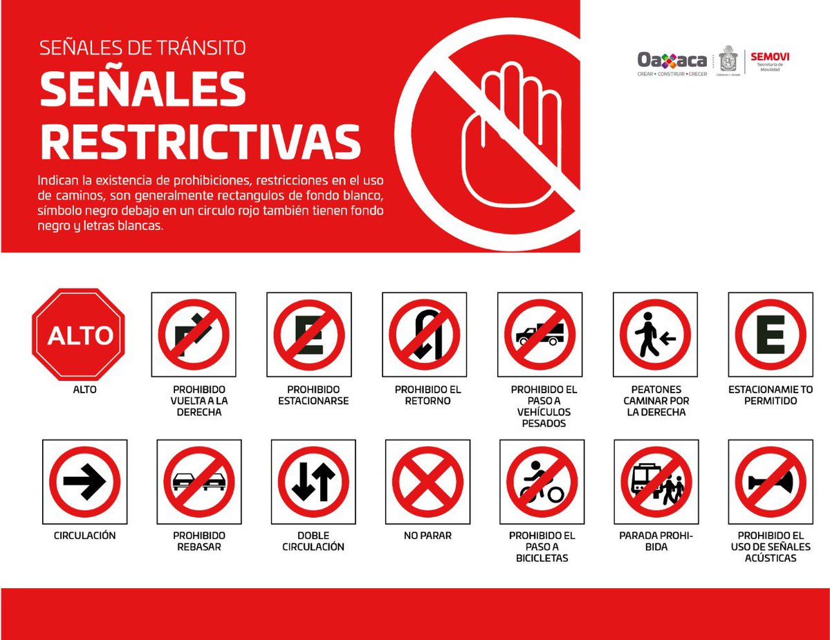 SEMOVI_GobOax's tweet photo. Las #SeñalesDeTránsito #Restrictivas normalmente son de color rojo y están colocadas en postes tanto en zonas urbanas como rurales y advierten al conductor sobre restricciones físicas o reglamentarias en la circulación. Aquí te compartimos algunas: https://t.co/9XXwqM7qpH