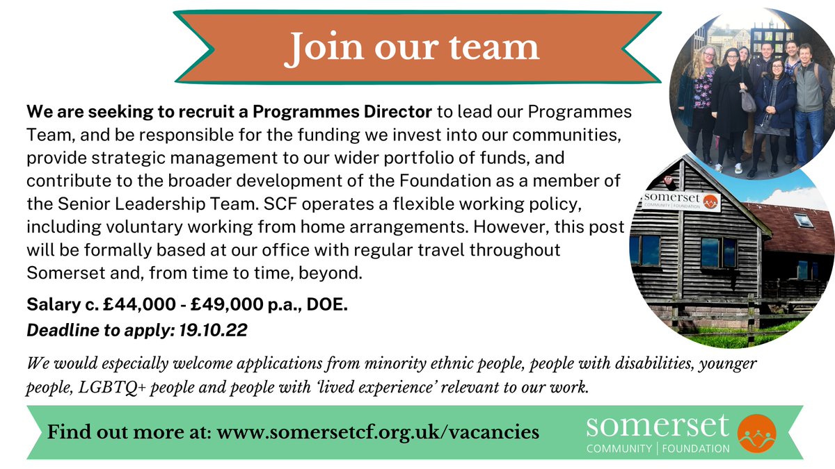 Somerset_CF's tweet photo. Join our team! Would you like to make a lasting difference to the lives of people across #Somerset? We're #recruiting:

🙌 A Programmes Director (£44-£49K)
⌛️ D/L to apply: 19.10.22
👀 Find out more: https://t.co/z1Bi65dgfm https://t.co/fEnzgVy0FM