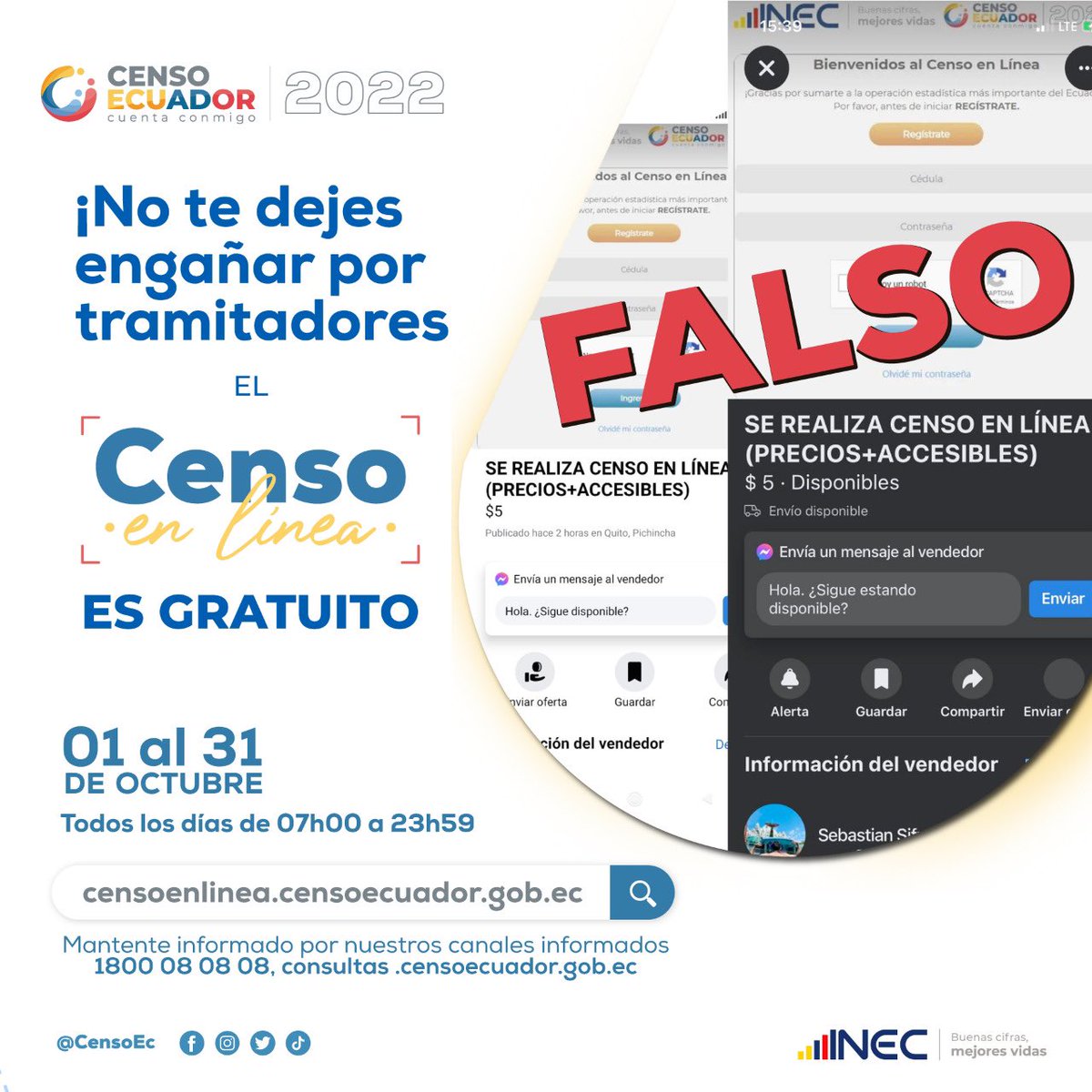 censoec's tweet photo. 🚨 ¡El censo es GRATUITO! 🚨

Cualquier miembro de tu hogar, de 15 años o más, puede censarse y facilitar el #CensoEnLíneaEc a TODOS los integrantes del hogar. 

También puedes esperar la fase presencial del #CensoEcuador2022, entre el 7 de noviembre y 18 de diciembre. 😉 https://t.co/l0XGWM0H65