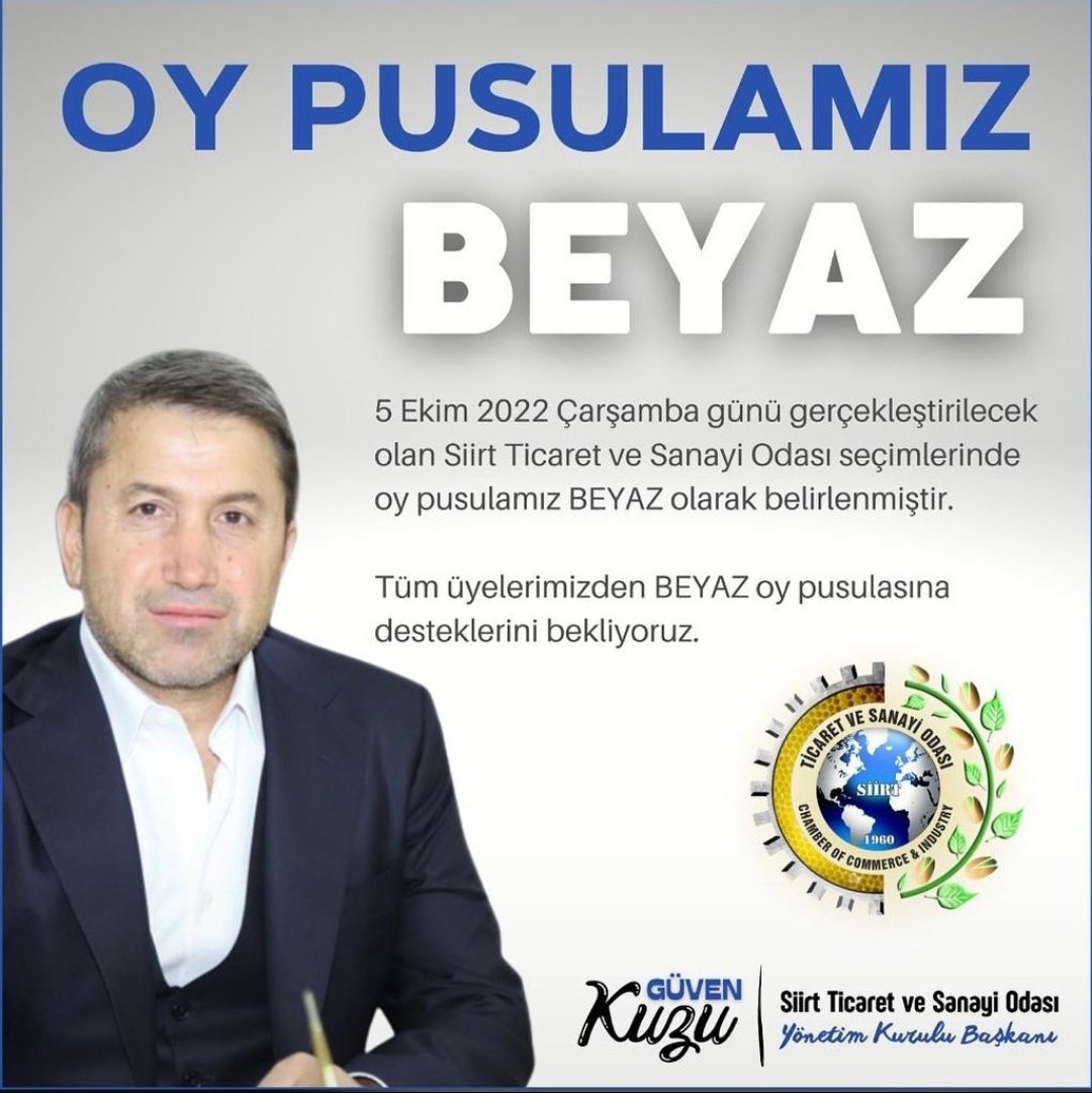 5 Ekim 2022 Çarşamba günü gerçekleştirilecek Ticaret ve Sanayi Odası Seçimlerde Oy Pusulamız BEYAZ olarak Belirlenmiştir
<a href="/guvenkuzu56/">Güven Kuzu</a> 
<a href="/focalapkulu/">Fuat Özgür Çalapkulu</a> 
<a href="/DirikoluSerkan/">Serkan Dirikolu</a> 
@YafezTurhan 
<a href="/OzyesilIbrahim/">ibrahim özyeşil</a>