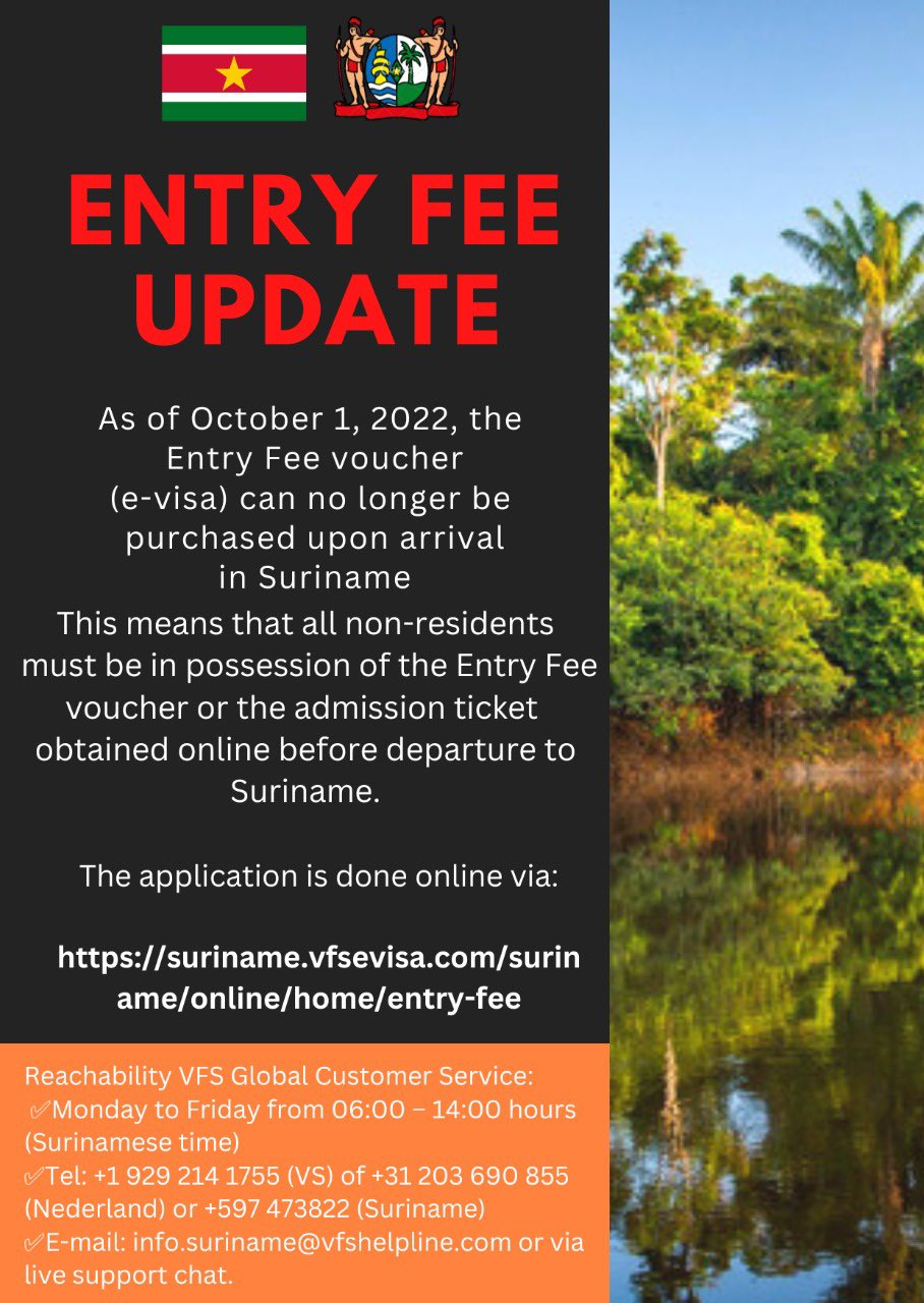 deze Van hen lexicon Ministry of Foreign Affairs Suriname on Twitter: "As of October 1, 2022,  the Entry Fee voucher can no longer be purchased upon arrival in Suriname.  This means that every traveler must be