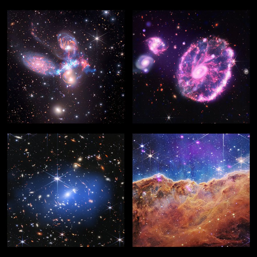 Four distinct composite images presented in a two-by-two grid. 

Upper left, an image of five galaxies known as Stephan's Quintet. 

Upper right, is an image of the Cartwheel galaxy, a neon pink disk with an outer ring, and a solid, slightly off-center spiraling core.

Lower left, an image of the galaxy cluster SMACS 0723 which contains hundreds of individual galaxies in a sea of black space.  

Lower right, an image of the Carina Nebula, which resembles a rust brown mountain range backed by a hazy blue night sky. 

Full visual descriptions of these images are available at the link in the post and as alternative text for the individual images below.