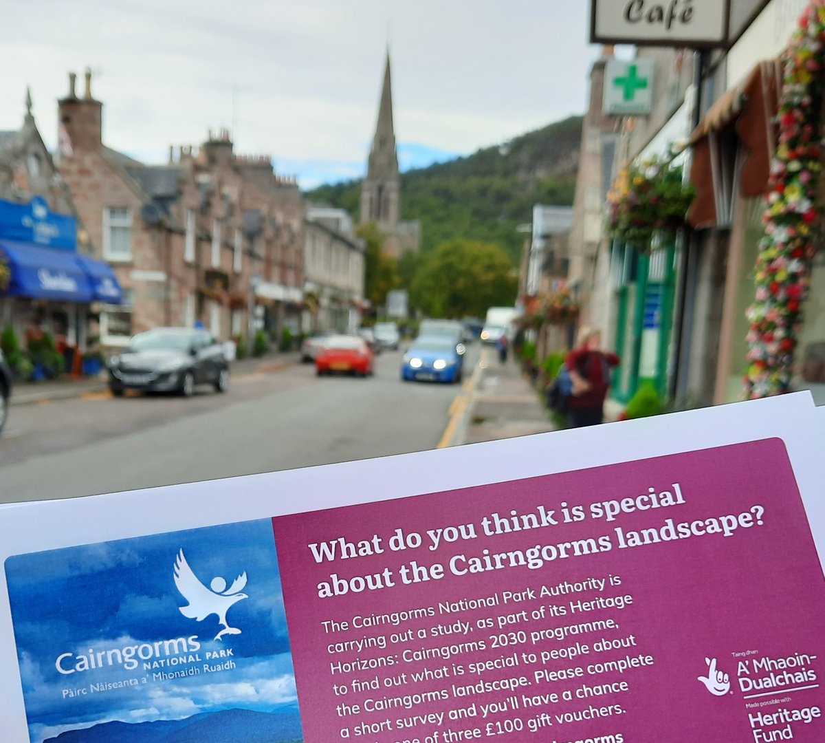 If you're in Ballater today you might see some of us in the village centre asking what you think is special about the Cairngorms landscape. If you see us, tell us your views! #Cairngorms2030 #HeritageHorizons @HeritageFundSCO