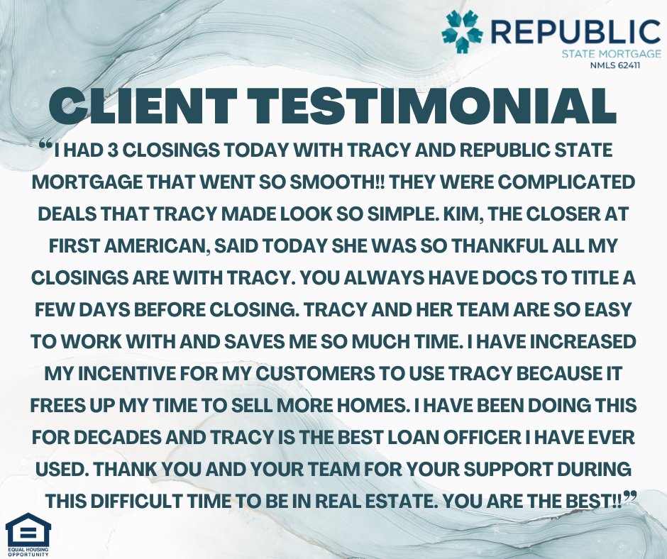 RepMortgage's tweet photo. It's time to celebrate one of our amazing team members! This client testimonial is well-deserved praise for Tracy Chairez and her team!

#customerservice #bestinclass #mortgageindustry #loanofficer #teamrsmc #comebeyourself https://t.co/jSCvTX5pML