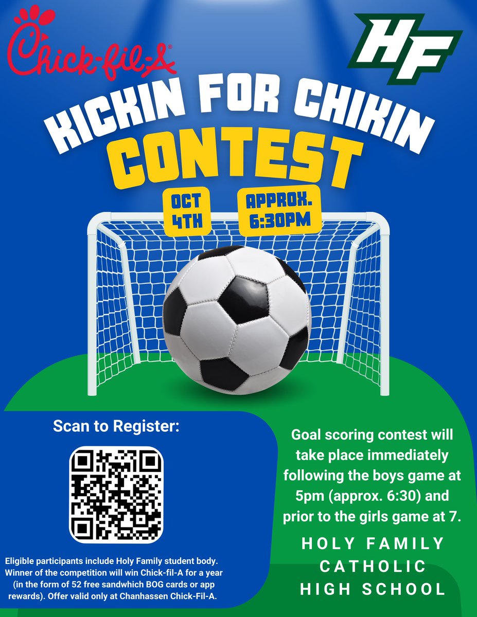 🚨 🔥 Fans + <a href="/hfsuperfan/">HF $uperfan$</a>!
MASSIVE WCC Soccer DH tonight! <a href="/HFFIRESoccer/">Holy Family Boys Soccer</a> + <a href="/hfgirls_soccer/">Holy Family Girls Soccer</a> host Watertown tonight at 5 + 7. 

Between games (6:30ish) we’re hosting a <a href="/ChanhassenCFA/">Chick-fil-A Chan MN</a> Kickin for Chiken contest w/ a YEAR of CFA on the line! Register HERE: forms.gle/534FVNiiSNBaG4…