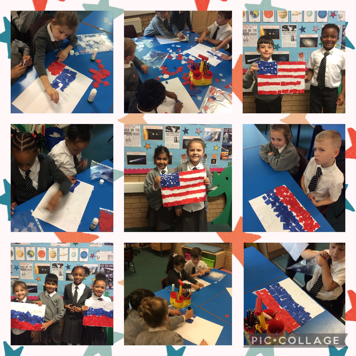 StBernsPrimary's tweet photo. Look at these amazing collages created by 2CH! As part of our Space Race topic we looked at the flags for both Russia and the USA. This built further upon our map work from last week. #stbernsart #stbernsgeography https://t.co/0oKeMmykmT