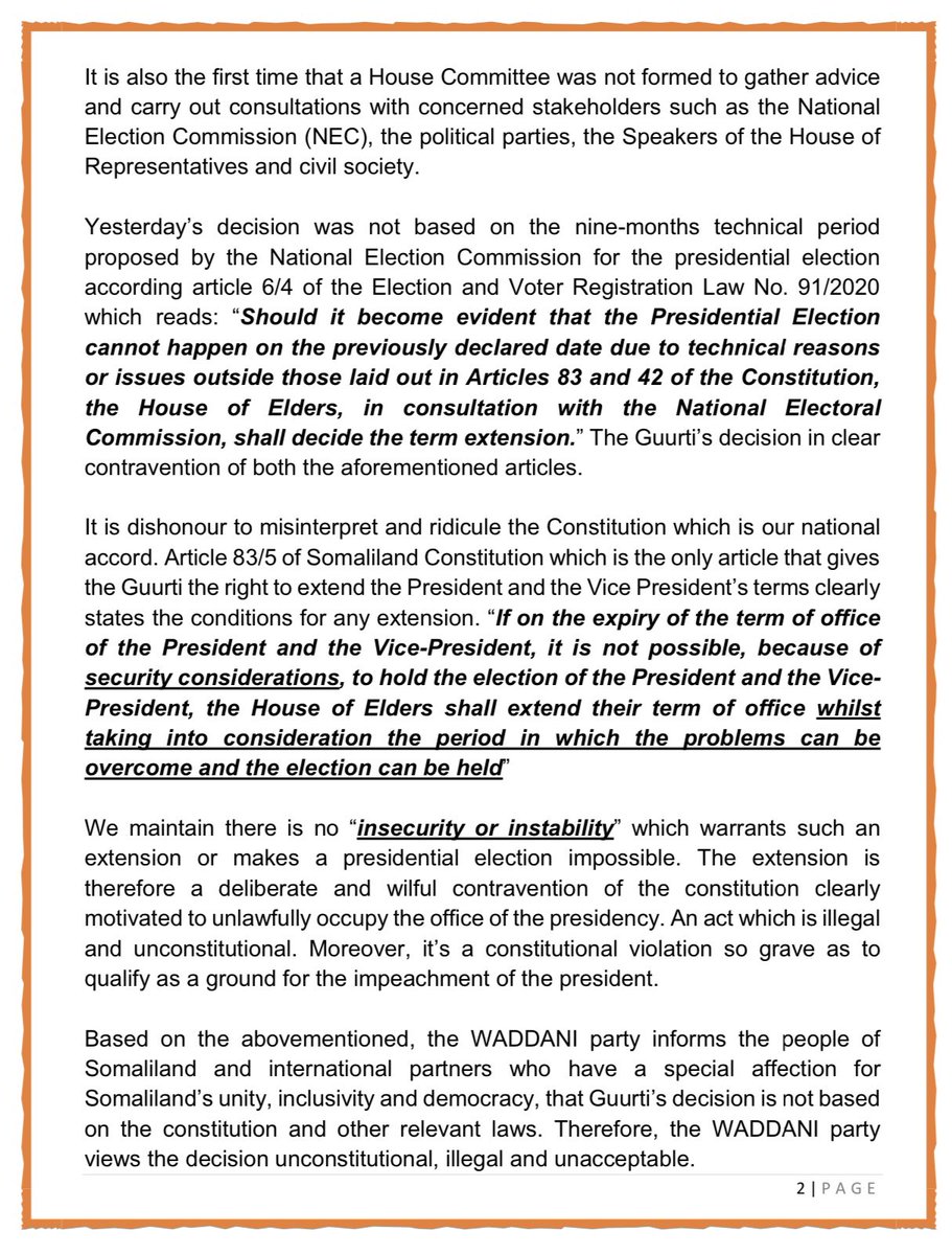 Abdirahmanirro's tweet photo. Our Political stance on the illegal extension of the Presidential term. https://t.co/KEEAObNJra