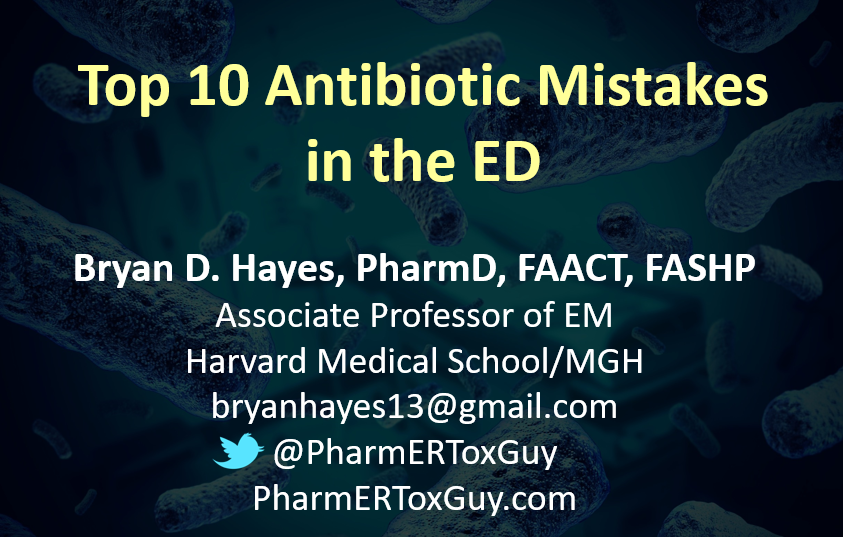 Thanks for sticking around until the last day for my #ACEP22 talk 'Top 10 Antibiotic Mistakes We Make in the ED.'

Here's the free-to-access handout with links to all references: pharmertoxguy.com/lecture-handou…

#FOAMed