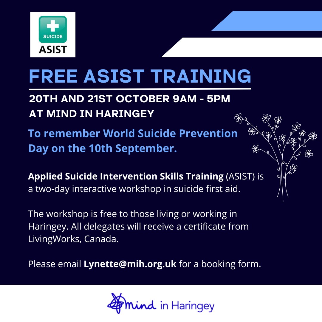 1/2
Applied Suicide Intervention Skills Training (ASIST) is a two-day interactive workshop in suicide first aid.

ASIST teaches participants to recognise when someone may have thoughts of suicide and work with them to create a plan that will support their immediate safety.