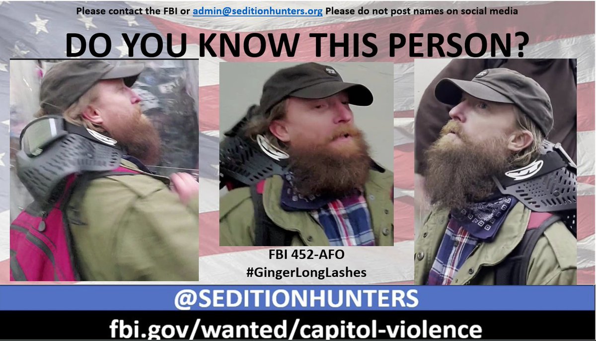 Please share across all platforms. #DoYouKnow this person?? Please contact the FBI with 452-AFO tips.fbi.gov or contact us at admin@seditionhunters.org #Justice4J6 Please do not post names on social media #GingerLongLashes