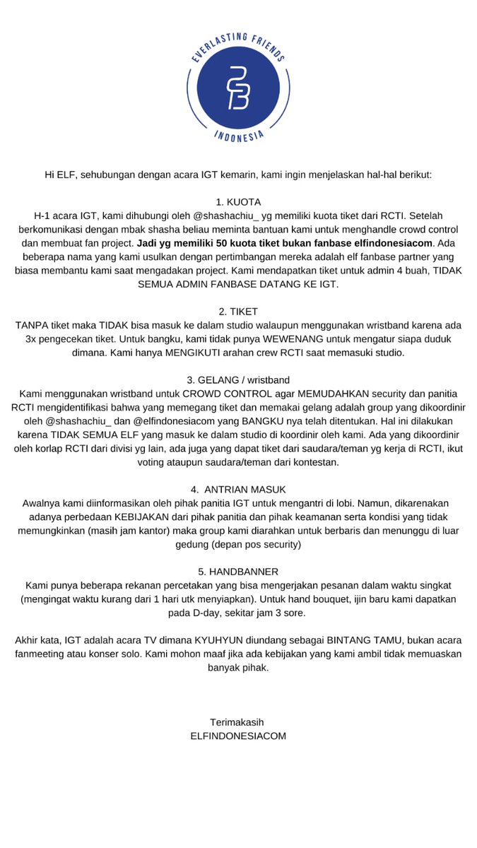 elfindonesiacom's tweet photo. Malam ELF, sehubungan dengan pertanyaan2 yang muncul mengenai IGT, berikut adalah penjelasan kami.

Terimakasih.

CC: @Shashachiu_ https://t.co/mw7P7n0icK
