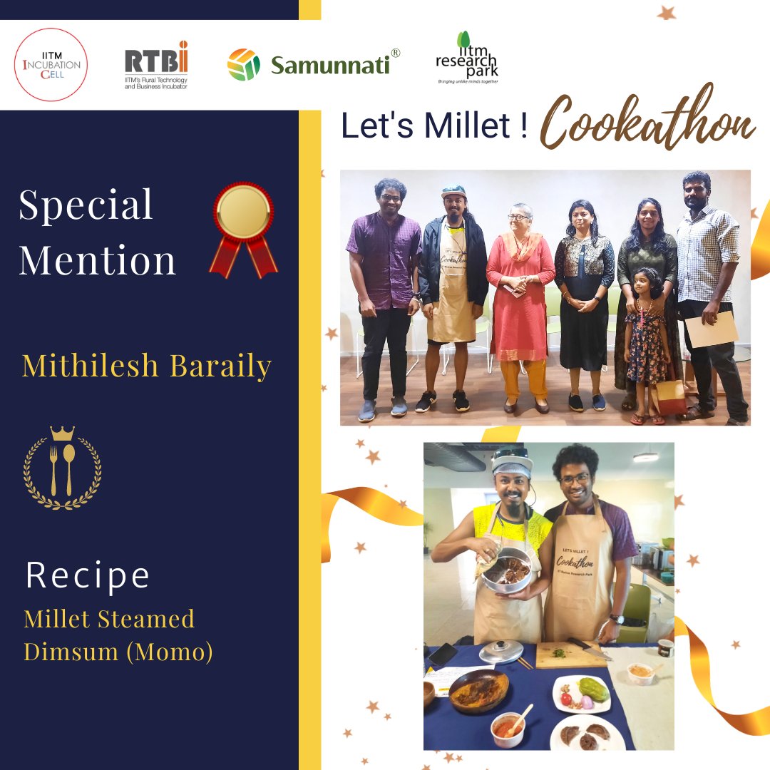 IITMIC's tweet photo. The jury also had two special mentions – Mithilesh Baraily for Millet Momos and C M Lokeshwari for Millet &amp; jaggery brownies. Congrats again to the winners &amp; kudos to all participants for an amazing variety of millet dishes !
#LetsMillet! #cookathon #milletcooking #healthyfood https://t.co/88Ixhg4zeZ