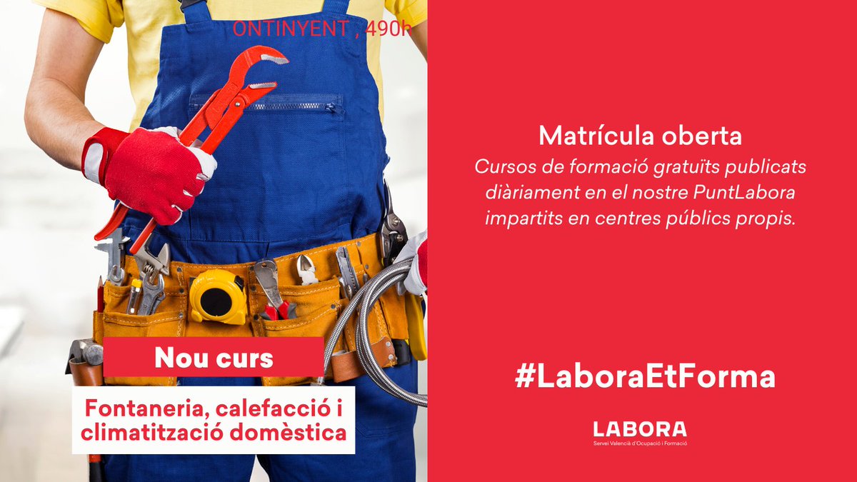 GVAlabora's tweet photo. 📢NOU CURS a #Ontinyent
MATRÍCULA OBERTA ‼️
OPERACIONS DE LAMPISTERIA I CALEFACCIÓ CLIMATITZACIÓ DOMÈSTICA
➡️https://t.co/ph7qyfvAIA
📜#Certificatdeprofessionalitat
🏢 Cursos Gratuïts en els nostres centres públics #LaboraFormació. Espais segurs😷
#LaboraEtForma #SomLabora https://t.co/k6tE102y48