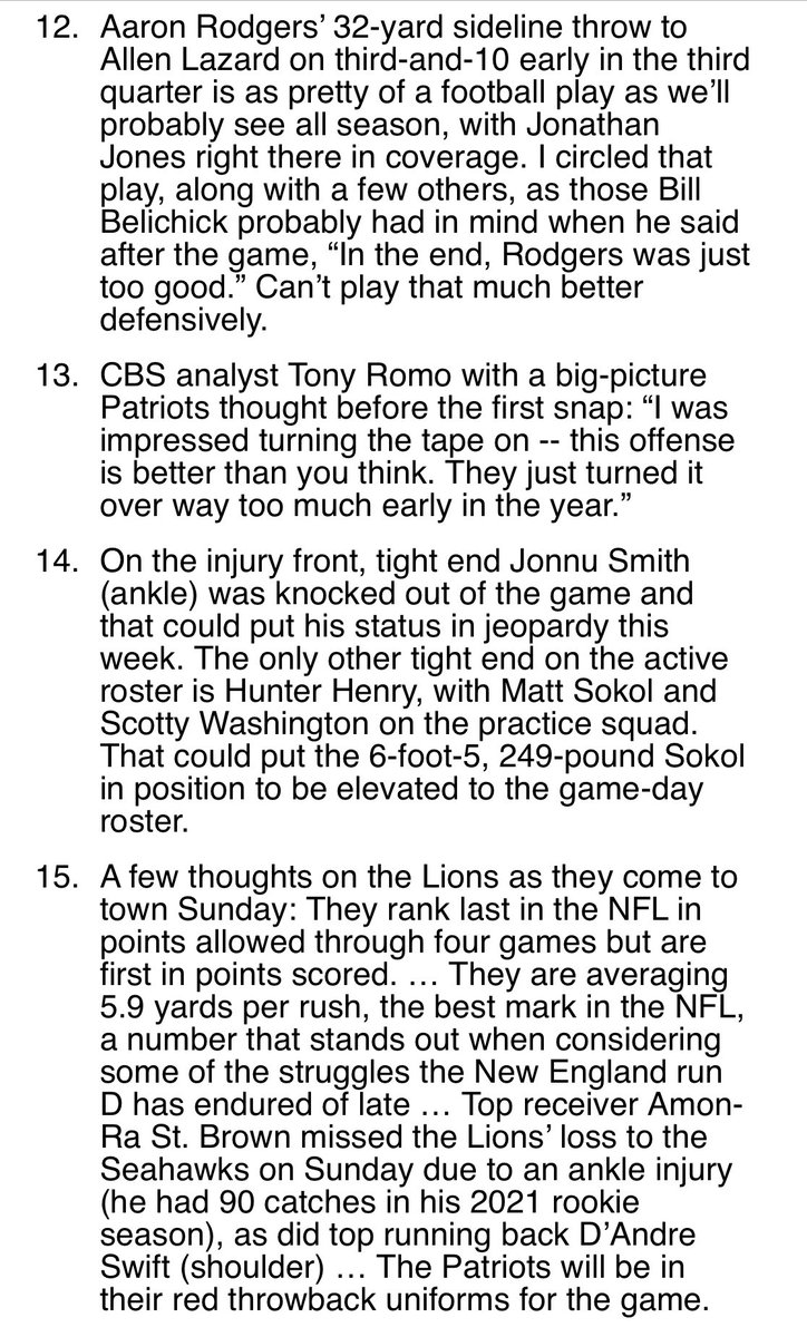 Cleaning out the Patriots notebook from Sunday’s loss to the Packers.