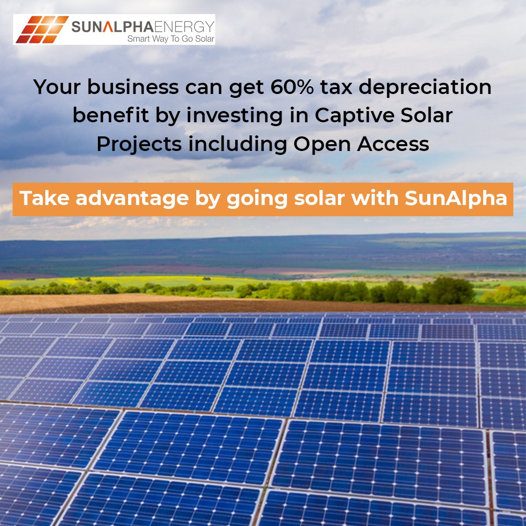 SunAlphaEnergy's tweet photo. Your business can get 60% tax depreciation benefits by investing in Captive Solar Projects including Open Access.
Take advantage by going solar with SunAlpha
#solar #switchtosolar #solarproject #globalposition #india #power #solarenergy #solarenergysystem #industrialsolar https://t.co/CplCSsM3mO