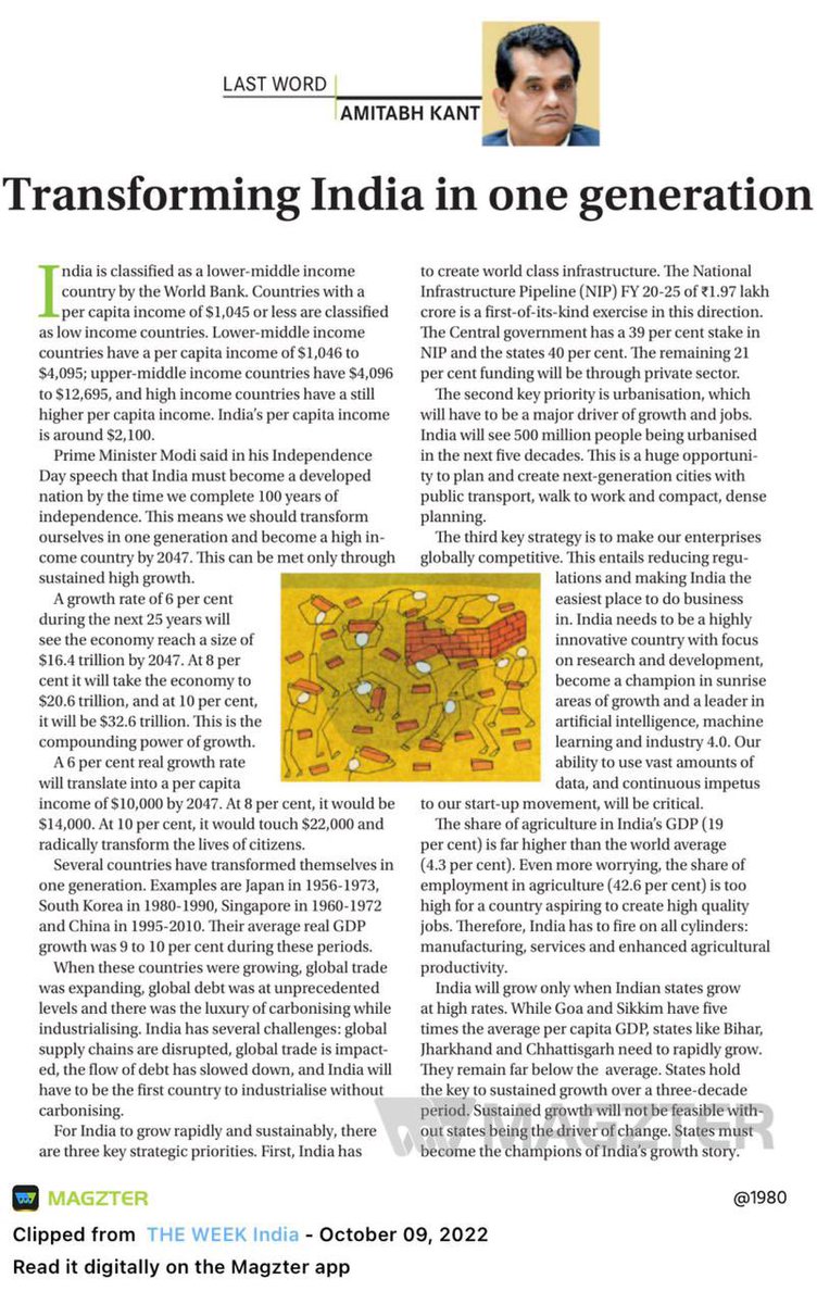 PM <a href="/narendramodi/">Narendra Modi</a>'s vision for India to be a developed nation upon 100 years of independence means that we must transform ourselves into a high income country by 2047. This necessitates sustained high growth. My column in <a href="/theweek/">The Week</a> outlines some key steps- theweek.in/columns/amitab…