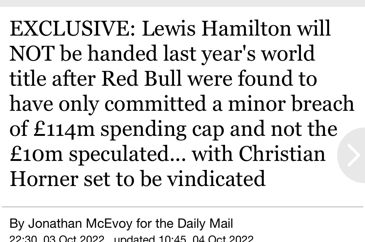 Daily Mail reporting Red Bull’s cap breach will be found to be around £1m and minor.

Let’s be clear though, in no way does it vindicate Red Bull. It will show very clearly they cheated and the 2021 season, coupled with Abu Dhabi is the most shambolic championship we’ve seen