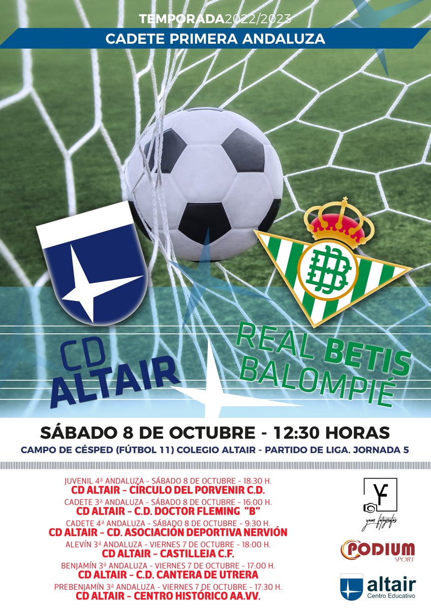 altairsevilla's tweet photo. ¡¡GRAN FIN DE SEMANA DEPORTIVO EN ALTAIR!! ⚽️
🏆 Cartel de lujo en nuestro campo de césped
#EDA #CDAltair #CentroEducativoAltair #futbolcantera #Fútbol #divisiondehonor #RFAF #realbetisbalompié @RealBetis @RBetisCantera https://t.co/J5T7GoqW2f