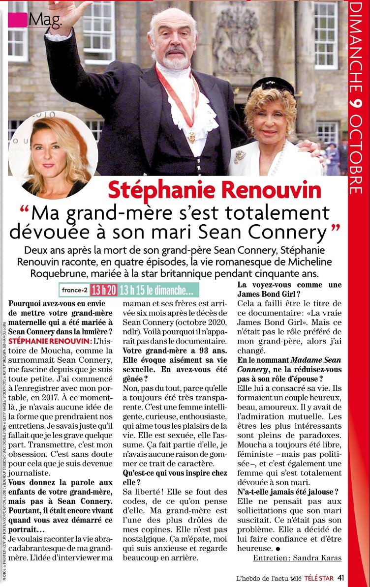 brainworkstv's tweet photo. 🗞 "MADAME SEAN CONNERY" dans la #presse avec @Telestarmag et @Tele7jours

Un #documentaire de @StefRenouvin pour @13h15 présenté par @LaurentDelahous

RDV dimanche 9 Octobre sur @France2 https://t.co/CPqyY6ytFE