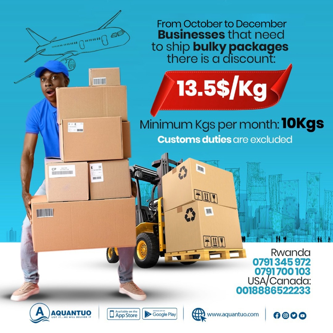 NewTimesRwanda's tweet photo. [AD] Are you a business or business owner? From October 1 until December 31, you can now get your bulky packages with @AquantuoRwanda at a promotional rate of 13.5$/Kg. Minimum weight required: 10Kg/Month. 

#ShippingWithAquantuo #ShippingToRwanda https://t.co/TrpWupVUq6
