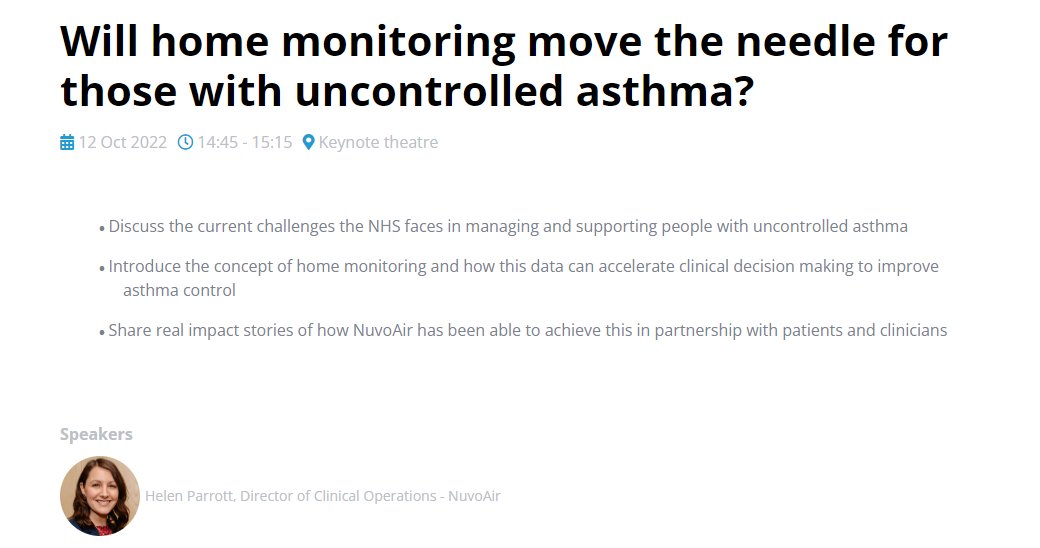 If anyone is attending <a href="/Respiratorypc/">Respiratory Professional Care</a> next week make sure not to miss this <a href="/helen__parrott/">Helen Parrott</a> <a href="/NuvoAir/">NuvoAir Medical</a> session: "Will home monitoring move the needle for those with uncontrolled asthma"

#RespIsBest #RespiratoryPC #HomeMonitoring #Asthma
