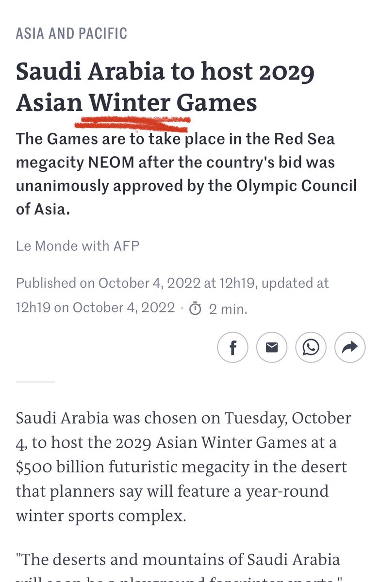 Either <a href="/AsianGamesOCA/">Olympic Council of Asia</a> / <a href="/olympicchannel/">Olympic Channel</a> don’t give a f*** about anything else than $ or they are geniuses and know that in 2029 it will not be any snow anywhere so skiing will only be practiced on sand…