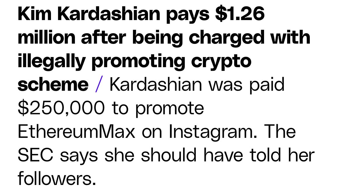 Boom / “Kardashian included a number of hashtags in the posts, including “#ad,” suggesting that the stories were a paid promotion. But the SEC says this level of disclosure is inadequate for crypto investments — resulting in the $1.26 million fine.” Vía <a href="/verge/">The Verge</a>