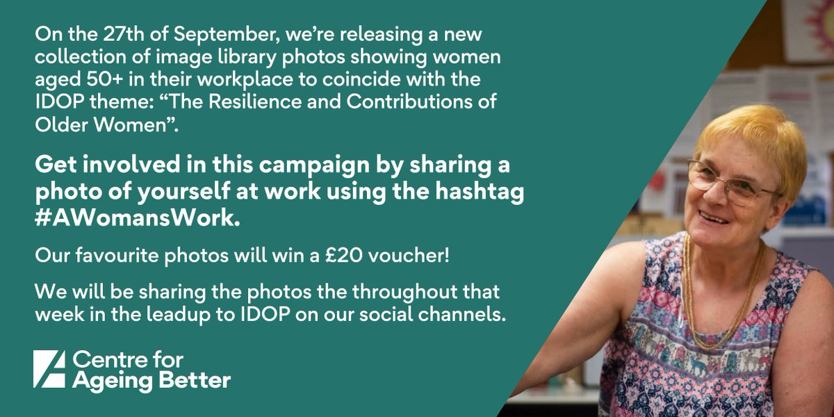 Ageing_Better's tweet photo. It's your last chance to get involved with our new age-positive image library campaign!

If you're a woman over 50, share a photo of yourself at work using the hashtag #AWomansWork and you could win a £20 voucher! https://t.co/brc3EmzL6d