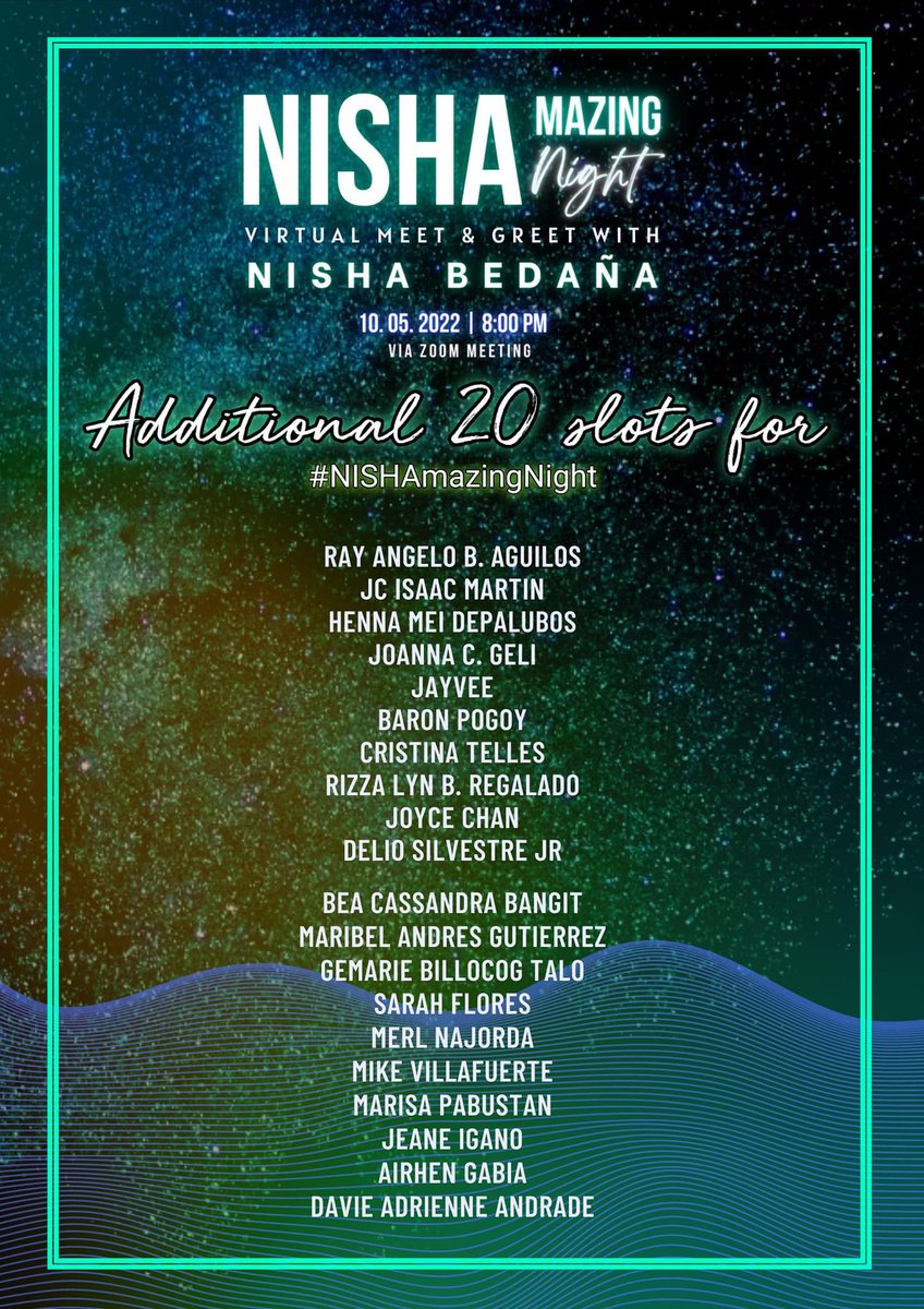official_bedana's tweet photo. Hey Nishanatics! As we have said on yesterday's post. We'll only allow first 50 people to join the #NISHAmazingNight โจ A Virtual Meet & Greet with Nisha Bedaรฑa happening tomorrow Oct. 05, 2022 @ 8:00PM via Zoom. But due to Public Demand, we alloted 20 more slots for you guys.๐ https://t.co/tPZ0U9HTTX