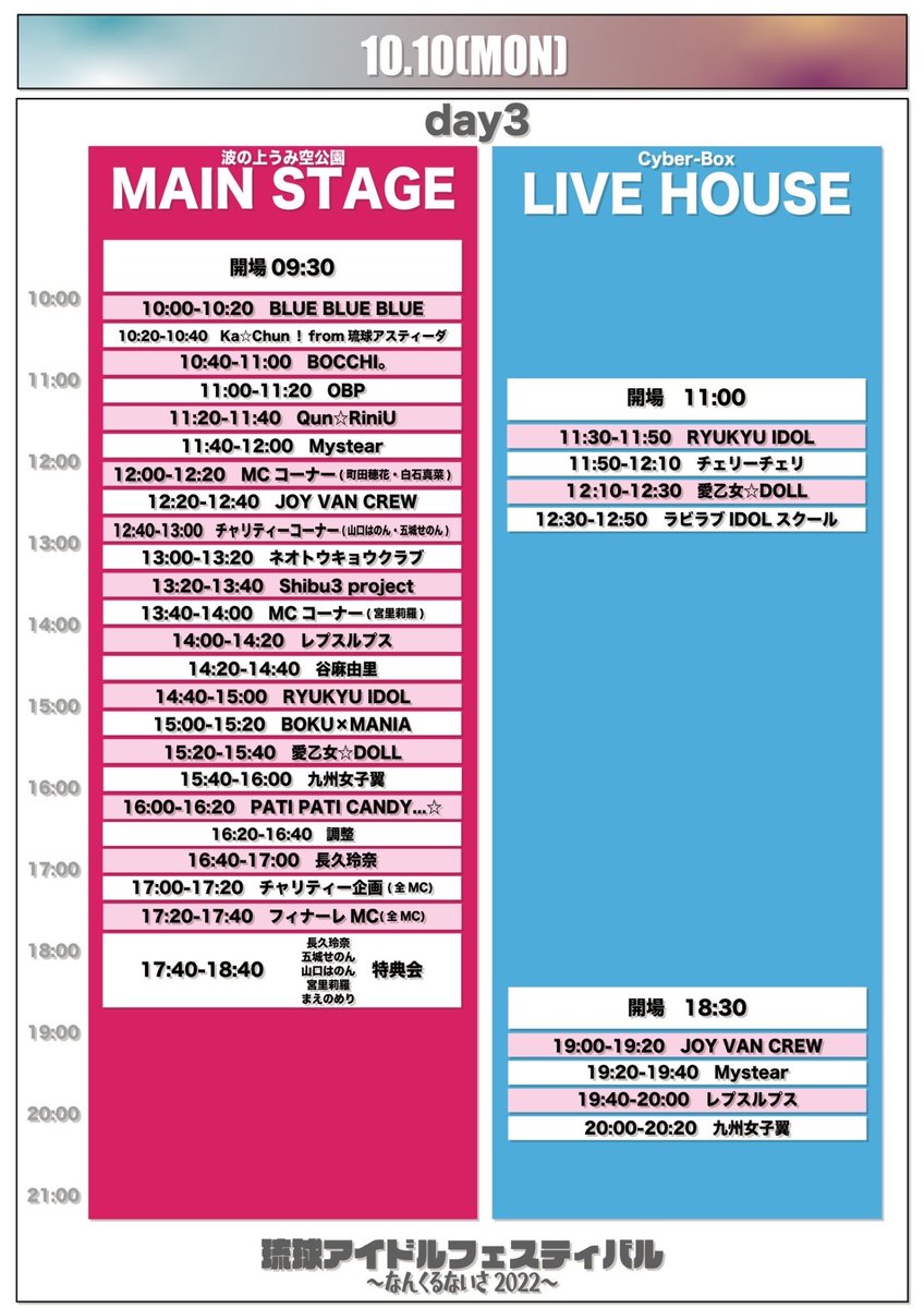 ryukyu_idolfes's tweet image. ＼🕚全体タイムテーブル解禁🕔／

【DAY❸】

10/10(月祝)
『琉球アイドルフェスティバル～なんくるないさ2022～』
💰1日券¥5,000/2日通し券¥8,500/3日通し券¥10,500/ライブ撮影券各日¥4,000
🎟tiget.net/events/200129

※撮影券のみで入場・ライブの観覧不可
#琉球アイドルフェスティバル