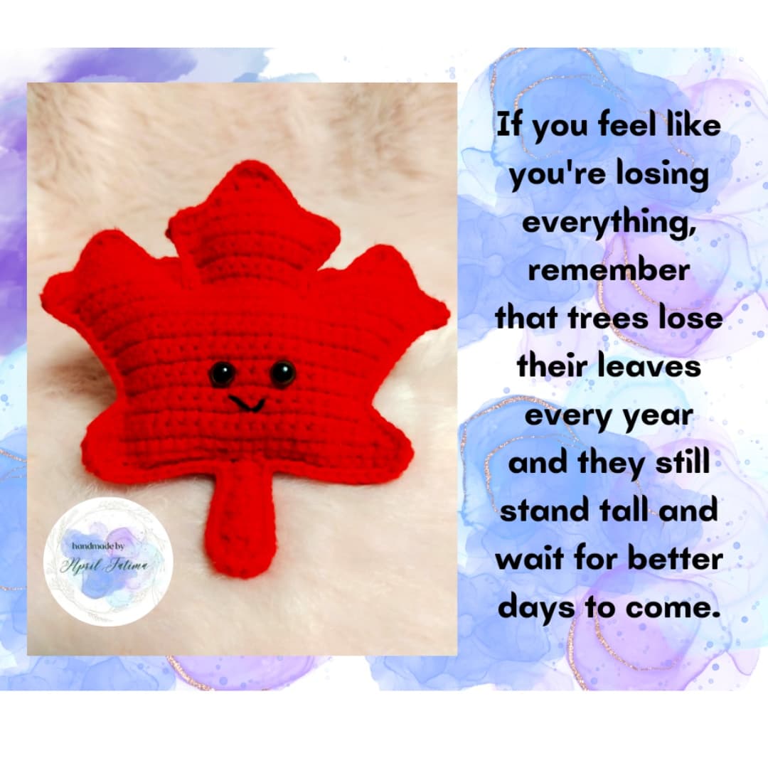 If you feel like you're losing everything, remember that trees lose their leaves every year and they still stand tall and wait for better days to come.
#handmadebyaprilfatima #justforyou #supportlocalartisan #crochetmapleleafamigurumi #crochetamigurumi #creativelifehappylife