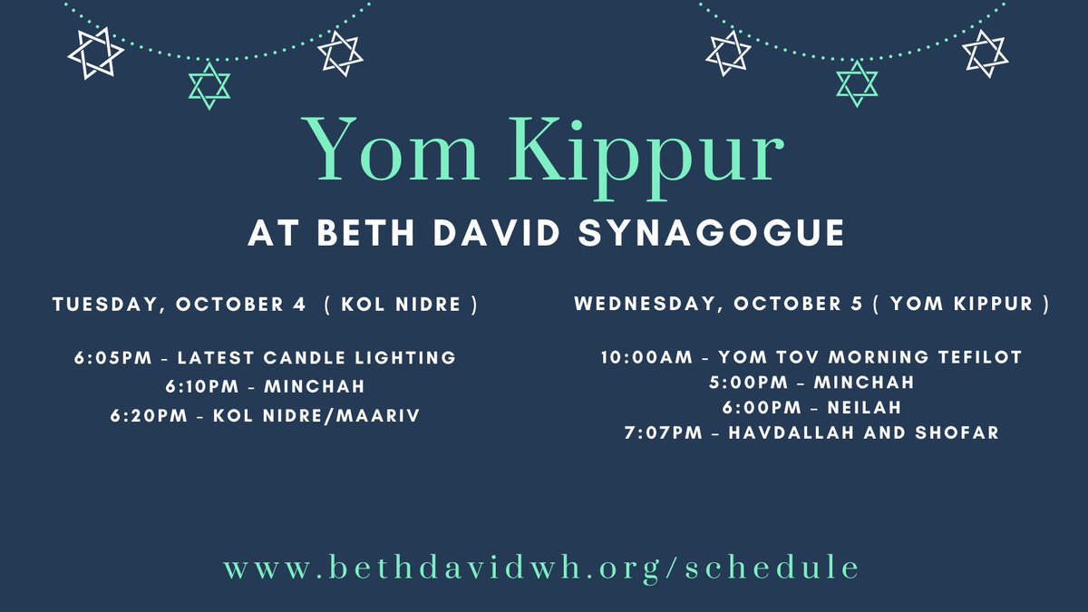 bethdavidwh's tweet photo. G'mar chatima tova from all of us at Beth David Synagogue. We invite you to join us for Kol Nidre services tonight and Yom Tov services tomorrow. #bethdavidwh #yomkippur2022 #gmarchatimatova #gmartov https://t.co/bJvqvOg8fZ