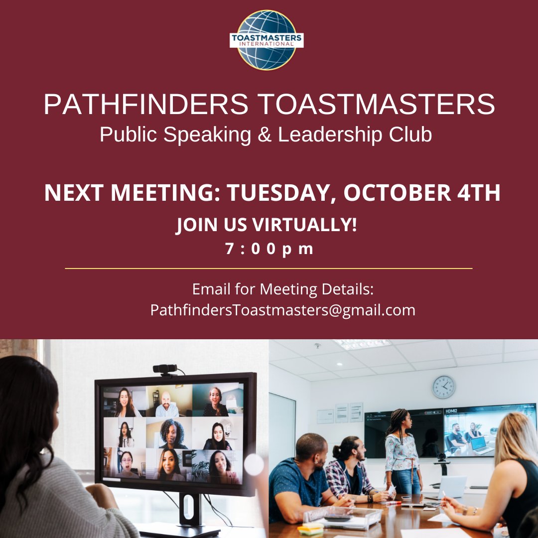 Join us for our Pathfinders Toastmasters Meeting tonight at 7 p.m. CT. Email pathfinderstoastmasters@gmail.com for login details. 
#whereleadersaremade #publicspeaking #leadership #toastmastersinternational #practice #pathfinderstoastmasters #d103 #professionaldevelopment