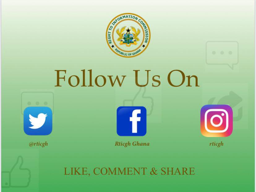 rticghana's tweet photo. Happy New Month. Kindly follow Right to Information Commission on all our social media platforms. Like, Comment & Share our posts all through this month and beyond.
#RTICGh ๐ฌ๐ญ
#KnowTheRTIAct2019 https://t.co/thdZDWV32W