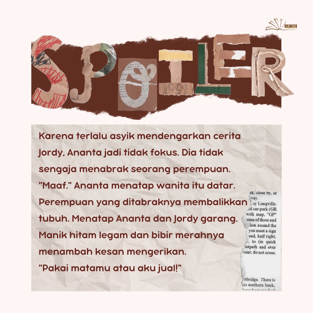 unlimitedworldi's tweet photo. ⚠️SPOILER!!⚠️

Siapa nih yang ingat adegan pertemuan Nanta sama Nala pertama kali. Disenggol dikit malah diancam pengen jual matanya segala😭

Kamu jadi Ananta bakal kabur atau malah nantangin, nih? Milli sih tim kabur👍🏻

#PelukPHOBIA #PHOBIA #OpenPreOrder #PenerbitUnlimitedBooks https://t.co/E8hnzAOCdM